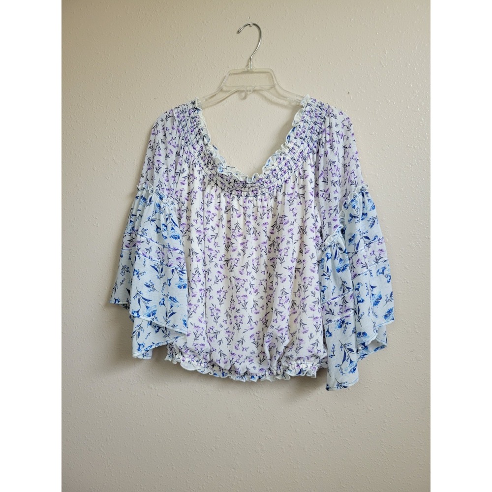 Free People Ivory Lavender Floral Off Shoulder‎ Cropped Smocked Bodice Blouse M